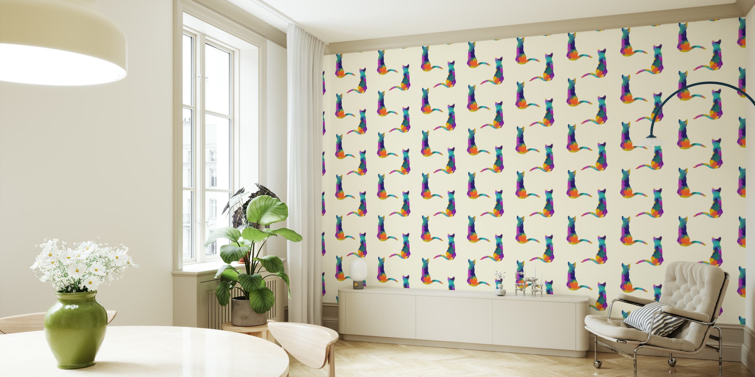 Papel de parede Colorful Cat Silhouette em um cômodo